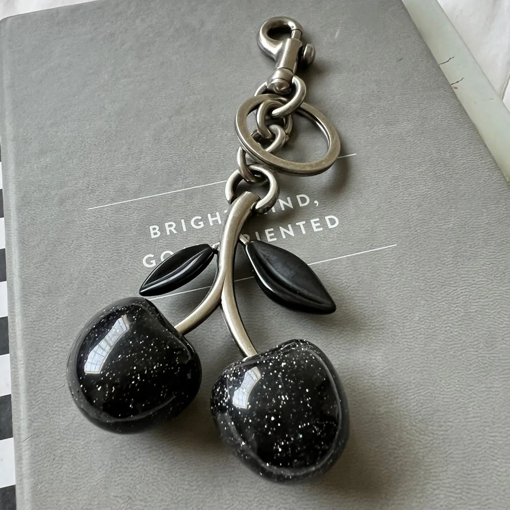New Cherry Bag Charm Keychain Glitter Black Resin and Metal